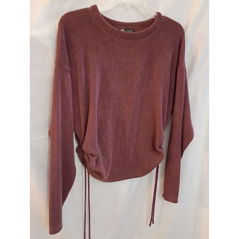 Zara Long Sleeve Sweater Size L Mauve Ribbed Drawstring Sides